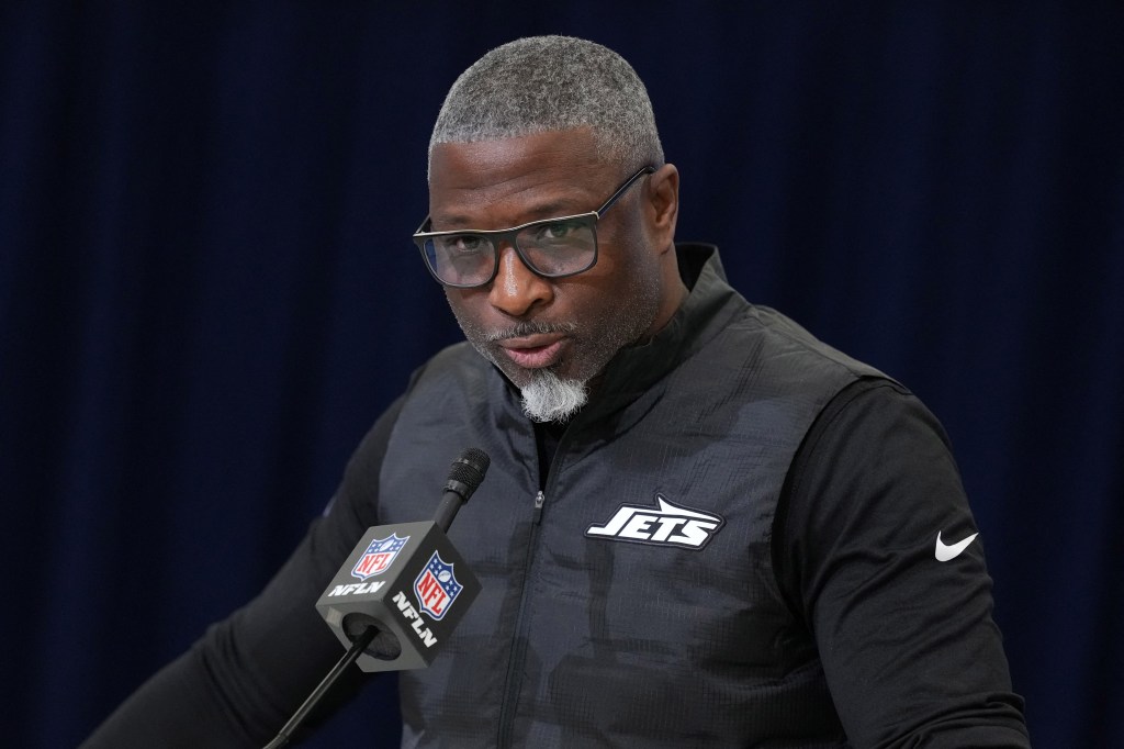 Jets head coach Aaron Glenn addresses the media during the NFL Scouting Combine at the Indiana Convention Center on Feb. 24, 2026.