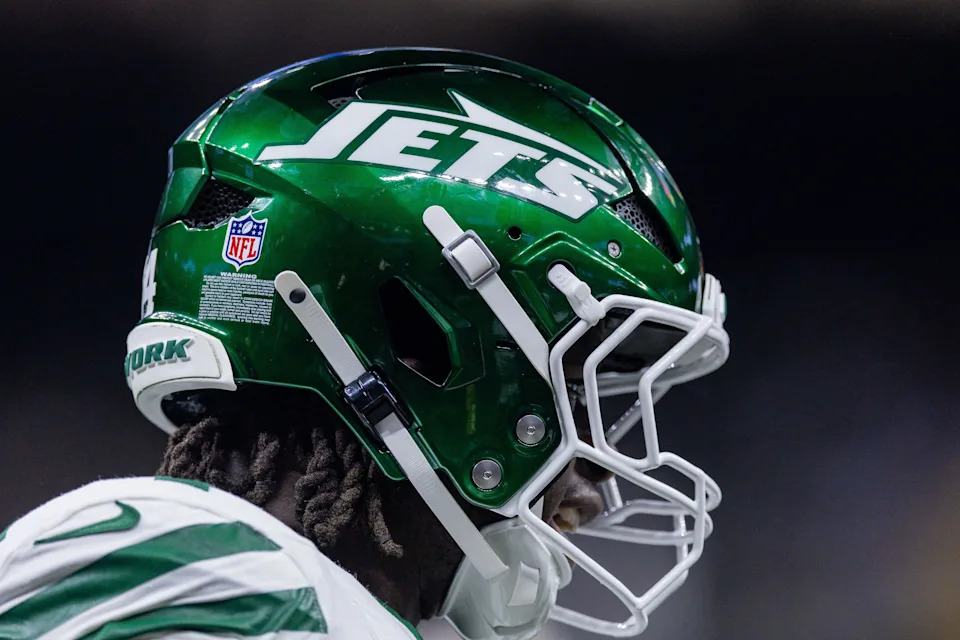 Detailed view of the New York Jets helmet.