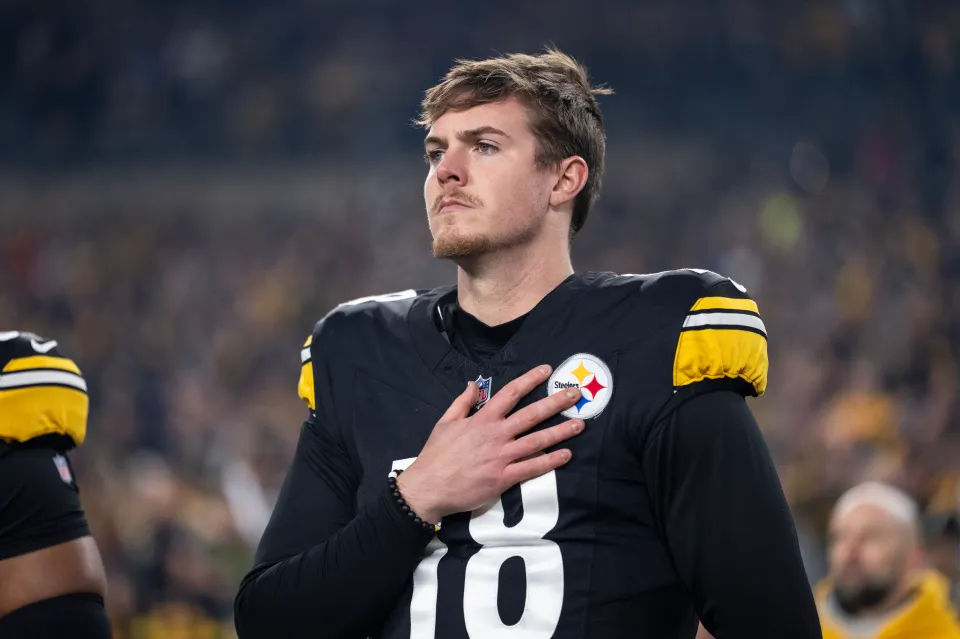 Will Howard #18 of the Pittsburgh Steelers looks on looks on during the national anthem prior to an NFL football game against the Baltimore Ravens at Acrisure Stadium on January 04, 2026 in Pittsburgh, Pennsylvania. 