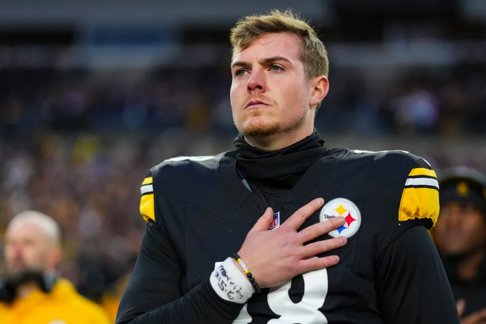 Will Howard #18 of the Pittsburgh Steelers looks on from the sideline during the national anthem prior to an NFL football game against the Buffalo Bills at Acrisure Stadium on November 30, 2025 in Pittsburgh, Pennsylvania.
