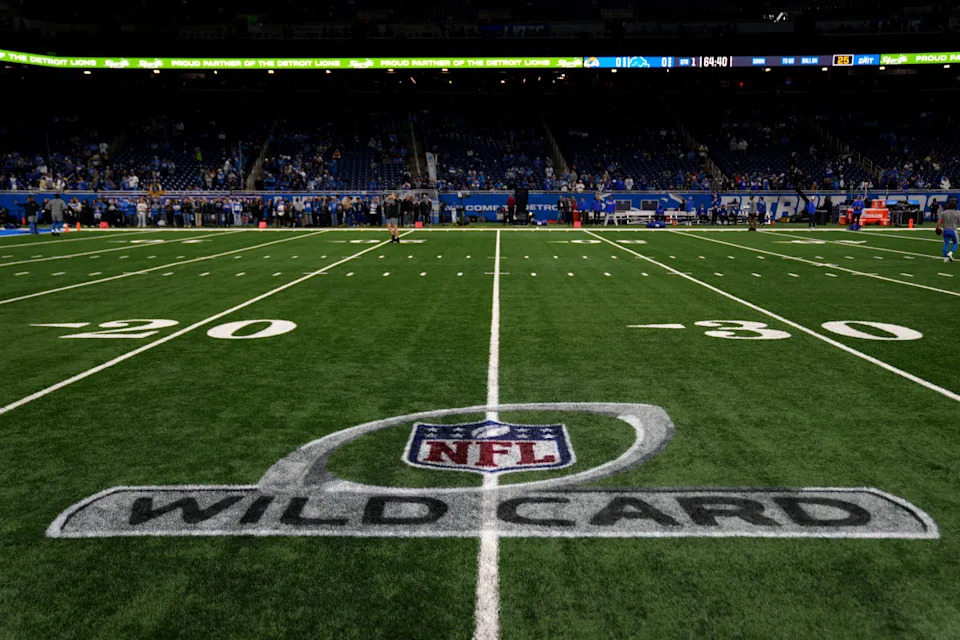 DETROIT, MICHIGAN - JANUARY 14: A view of the NFL Wild Card logo on Ford Field prior to a game between the Los Angeles Rams and \det in the NFC Wild Card Playoffs at Ford Field on January 14, 2024 in Detroit, Michigan. (Photo by Nic Antaya/Getty Images)Nic Antaya&sol;Getty Images