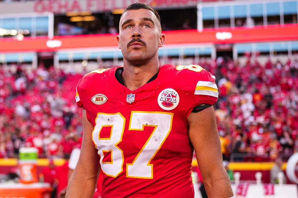 Travis Kelce #87 of the Kansas City Chiefs looks on from the field after at GEHA Field at Arrowhead Stadium in Kansas City, Miss. on Sept. 24, 2023. Cooper Neill/Getty 