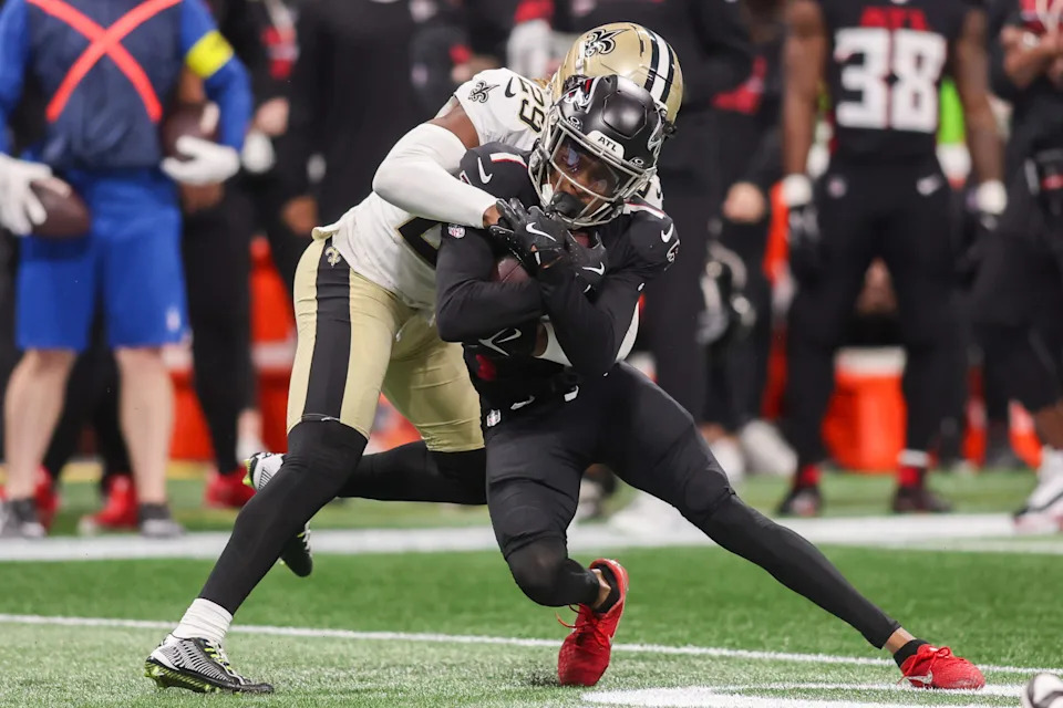 <p>Jan 4, 2026; Atlanta, Georgia, USA; Atlanta Falcons wide receiver Darnell Mooney (1) is tackled by New Orleans Saints cornerback Quincy Riley (29) in the fourth quarter at Mercedes-Benz Stadium. Mandatory Credit: Brett Davis-Imagn Images</p><br>