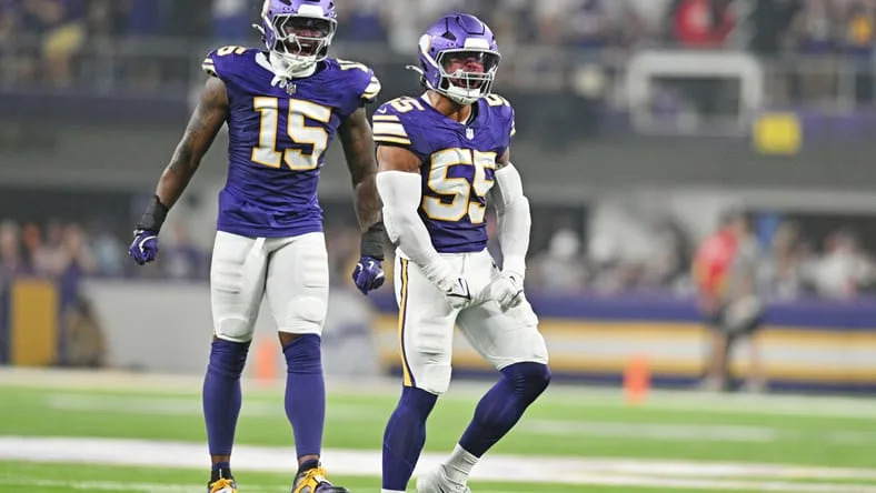 Sep 14, 2025; Minneapolis, Minnesota, USA; Minnesota Vikings linebacker Eric Wilson (55) celebrates after a play during the first half against the Atlanta Falcons at U.S. Bank Stadium. Mandatory Credit: Jeffrey Becker-Imagn Images