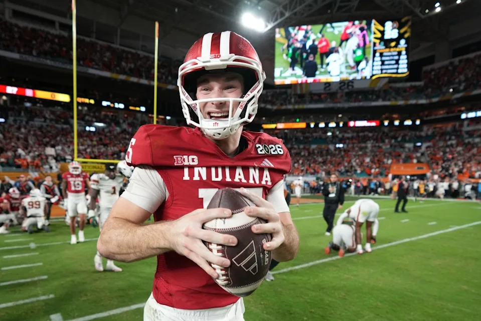 Hoosiers quarterback Fernando Mendoza smiles after their Indiana’s win over Miami in the College Football Playoff national championship on Jan. 19, 2026. AP