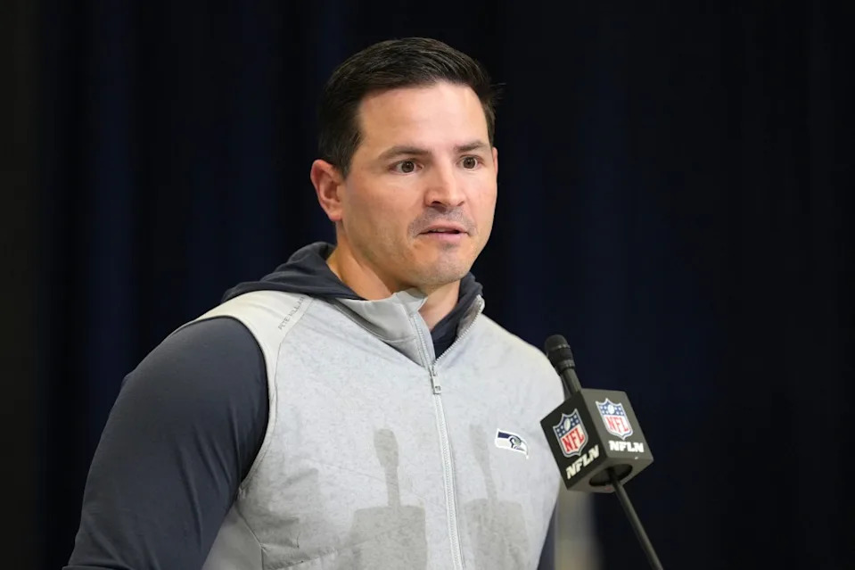 Seattle Seahawks coach Mike Macdonald speaks during the NFL Scouting Combine at the Indiana Convention Center. IMAGN IMAGES via Reuters Connect