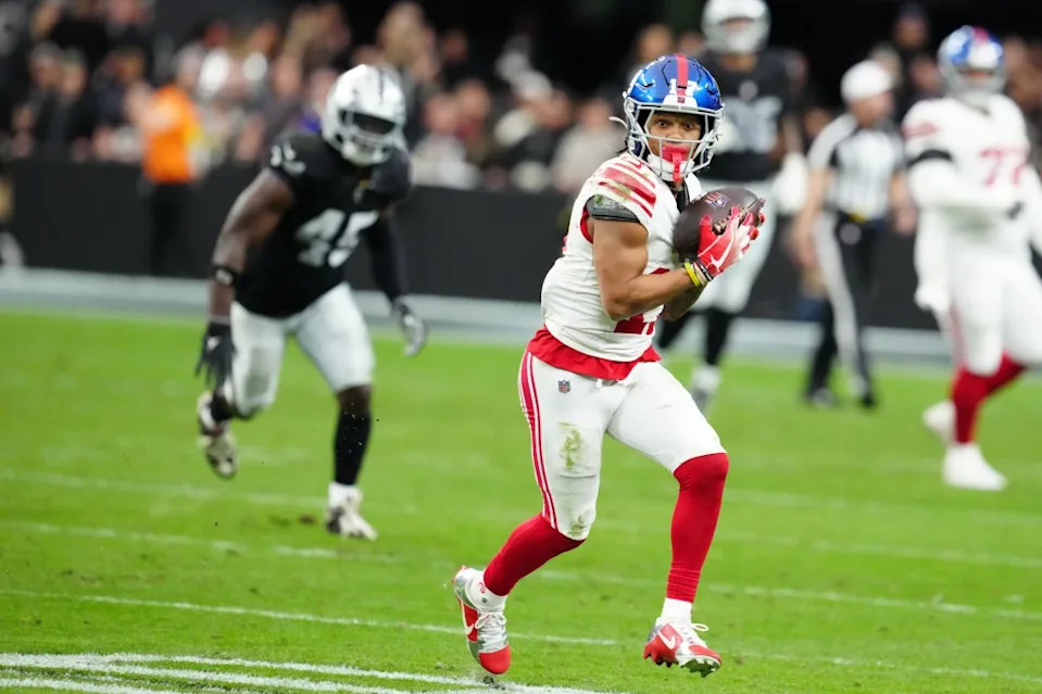 Giants wide receiver Wan’Dale Robinson run up field after a catch in the second quarter of the Giants’ win over the Raiders last season at Allegiant Stadium. Stephen R. Sylvanie-Imagn Images