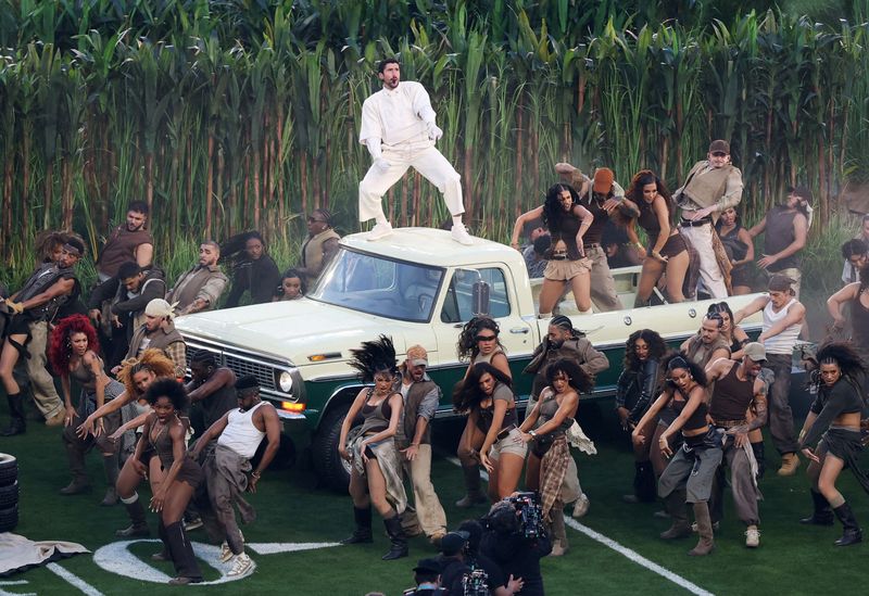 Bad Bunny performs during the Super Bowl halftime show.