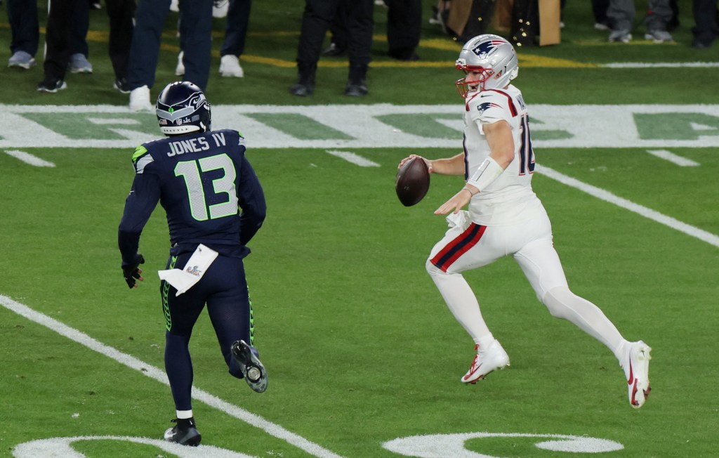 New England Patriots' Drake Maye in action with Seattle Seahawks' Ernest Jones IV at Super Bowl LX.