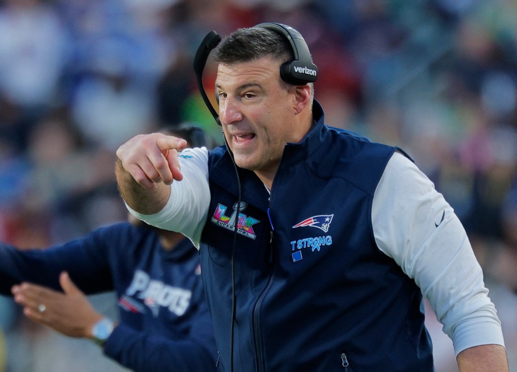 Patriots head coach Mike Vrabel gestures during Super Bowl LX on Feb. 8, 2026.