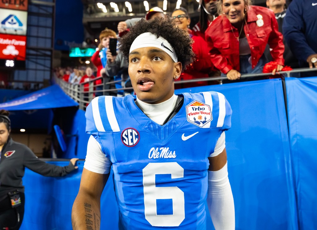 Detailed view of the jersey of Mississippi Rebels quarterback Trinidad Chambliss (6) against the Miami Hurricanes during the 2026 Fiesta Bowl and semifinal game of the College Football Playoff at State Farm Stadium.