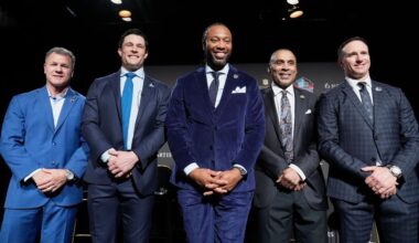Adam Vinatieri, from left, stands with Luke Kuechly, Larry Fitzgerald, Roger Craig and Drew Brees after being announced for the Pro Football Hall of Fame class of 2026 during football's NFL Honors award show in San Francisco, Thursday, Feb. 5, 2026. (AP Photo/Brynn Anderson)