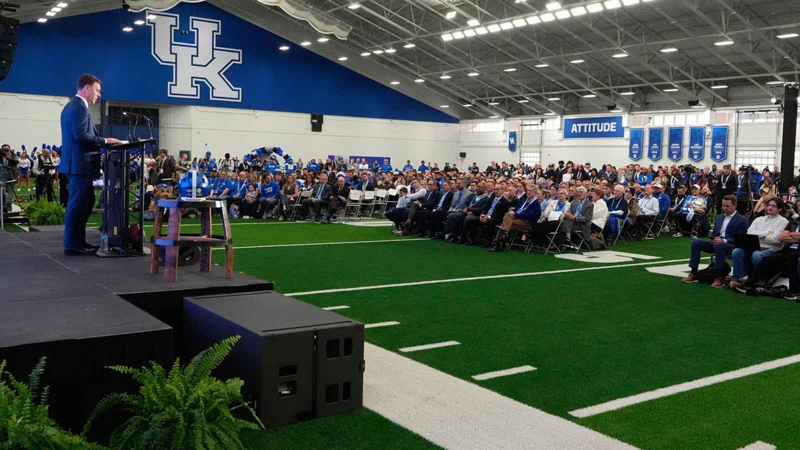New Kentucky Wildcat head coach Will Stein makes remarks as he is introduced at Kentucky on Wednesday, December 3, 2025