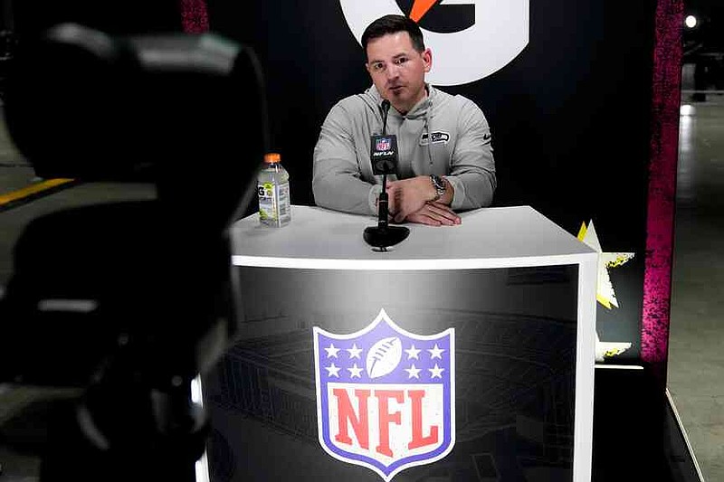 Seattle Seahawks head coach Mike MacDonald speaks during the NFL Super Bowl Opening Night, Monday, Feb. 2, 2026, in San Jose, Calif. ahead of the Super Bowl 60 football game between the New England Patriots and the Seattle Seahawks. (AP Photo/Brynn Anderson)