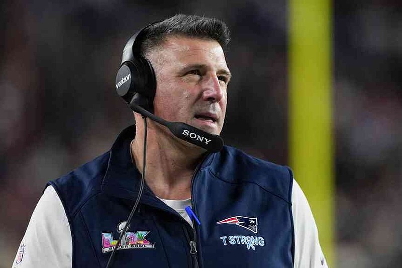 New England Patriots head coach Mike Vrabel walks along the sideline during the second half of the NFL Super Bowl 60 football game against the Seattle Seahawks, Sunday, Feb. 8, 2026, in Santa Clara, Calif. (AP Photo/Matt Slocum)