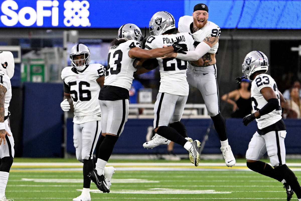 Las Vegas Raiders linebacker Kana'i Mauga (43) and defensive end Maxx Crosby (98) leap in celeb ...