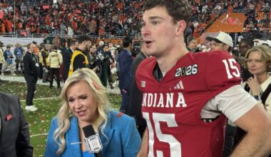 ESPN reporter Holly Rowe (left) interviews Indiana quarterback Fernando Mendoza following the C ...