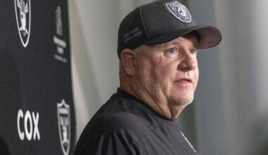 Raiders offensive coordinator Chip Kelly addresses the media before the team’s practice ...