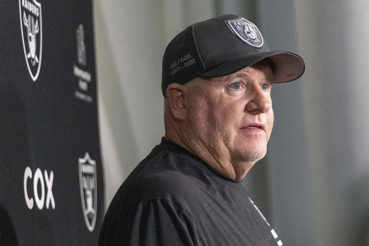 Raiders offensive coordinator Chip Kelly addresses the media before the team’s practice ...