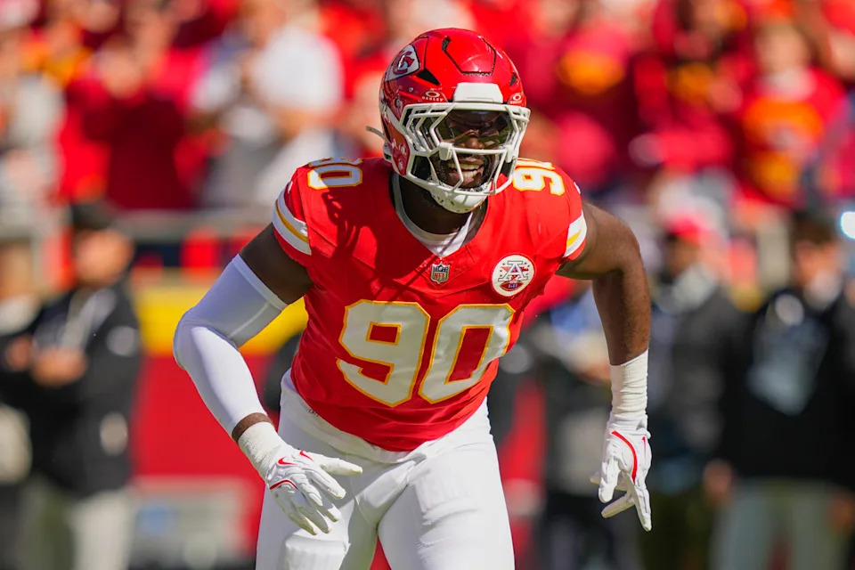 Oct 19, 2025; Kansas City, Missouri, USA; Kansas City Chiefs defensive end Charles Omenihu (90) reacts during the first half against the Las Vegas Raiders at GEHA Field at Arrowhead Stadium. Mandatory Credit: Jay Biggerstaff-Imagn Images