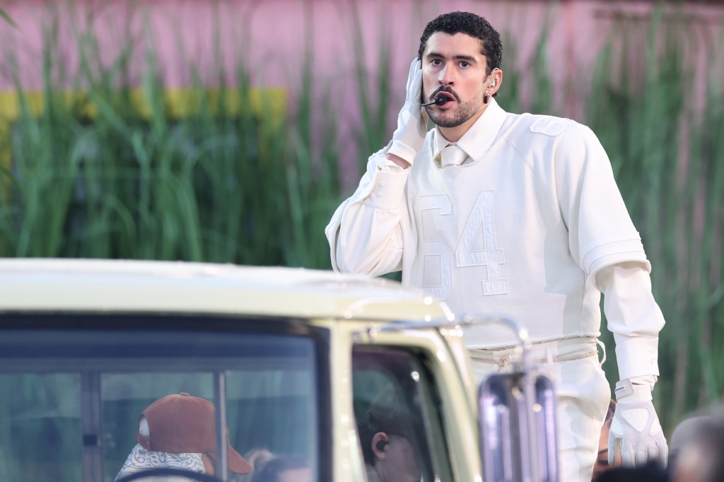Bad Bunny performs onstage during the Apple Music Super Bowl LX Halftime Show at Levi's Stadium on February 08, 2026 in Santa Clara, California. 