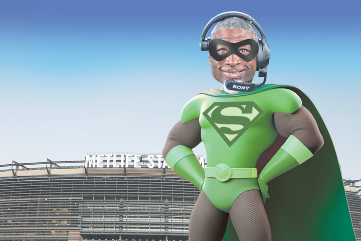 Illustration of a superhero with a man's head and a Sony headset, standing in front of MetLife Stadium.