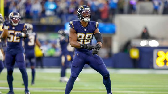 Los Angeles Chargers linebacker Odafe Oweh (98) celebrates after a sack during a NFL game against the Houston Texans on December 027, 2025 at Sofi Stadium in Inglewood, CA.