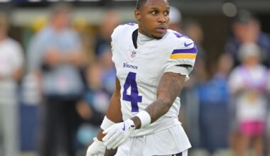 Oct 23, 2025; Inglewood, California, USA; Minnesota Vikings wide receiver Rondale Moore (4) practices before the game against the Los Angeles Chargers at SoFi Stadium. Mandatory Credit: Jayne Kamin-Oncea-Imagn Images