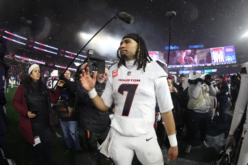 C.J. Stroud of the Texans reacts after a loss against the New England Patriots in the 2025 AFC Divisional Playoff game at Gillette Stadium