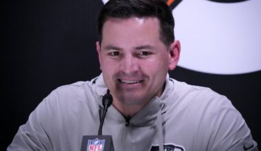Feb 2, 2026; San Jose, CA, USA; Seattle Seahawks head coach Mike MacDonald during Opening Night for Super Bowl LX at San Jose Convention Center. Mandatory Credit: Kirby Lee-Imagn Images