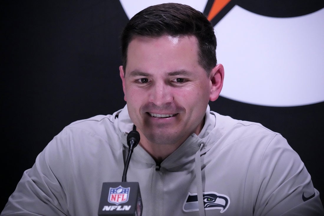 Feb 2, 2026; San Jose, CA, USA; Seattle Seahawks head coach Mike MacDonald during Opening Night for Super Bowl LX at San Jose Convention Center. Mandatory Credit: Kirby Lee-Imagn Images