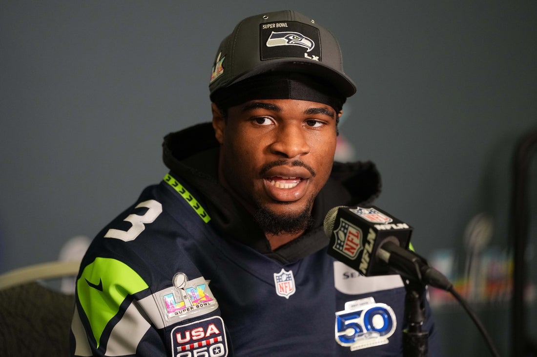 Feb 5, 2026; San Jose, CA, USA; Seattle Seahawks safety Nick Emmanwori (3) talks to media members at the San Jose Marriott. Mandatory Credit: Darren Yamashita-Imagn Images