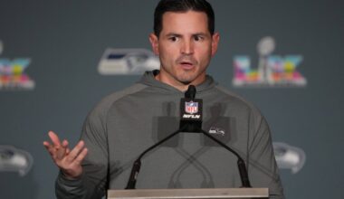 Feb 5, 2026; San Jose, CA, USA; Seattle Seahawks head coach Mike MacDonald talks to media members at the San Jose Marriott. Mandatory Credit: Darren Yamashita-Imagn Images