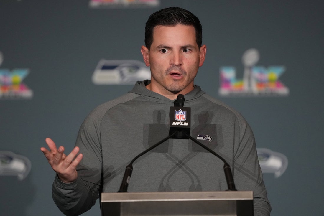 Feb 5, 2026; San Jose, CA, USA; Seattle Seahawks head coach Mike MacDonald talks to media members at the San Jose Marriott. Mandatory Credit: Darren Yamashita-Imagn Images