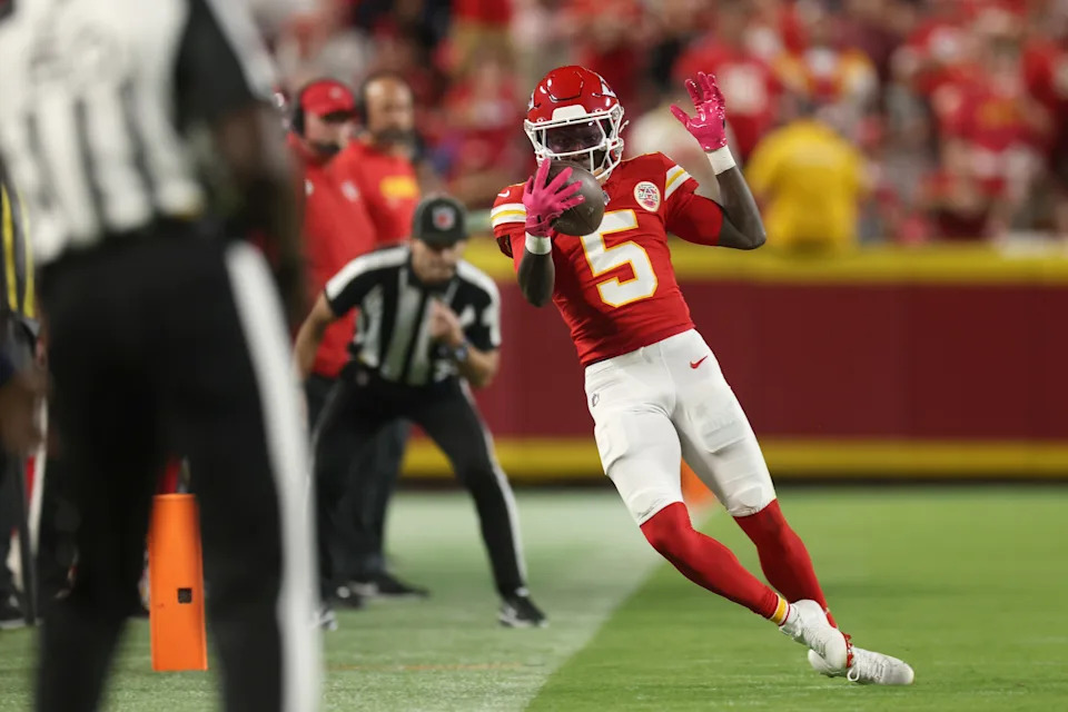 KANSAS CITY, MISSOURI - OCTOBER 12: Marquise Brown #5 of the Kansas City Chiefs falls out of bounds after a reception against the Detroit Lions during the second quarter in the game at Arrowhead Stadium on October 12, 2025 in Kansas City, Missouri. (Photo by Jamie Squire/Getty Images)