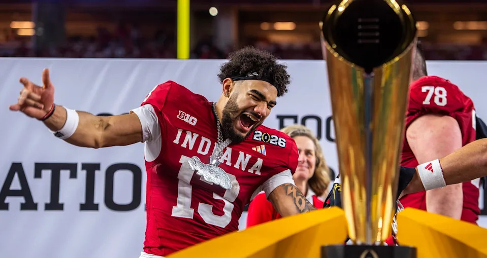 Indiana's Elijah Sarratt (13) celebrates after the College Football Playoff National Championship college football game at Hard Rock Stadium in Miami Gardens on Monday, Jan. 19, 2026.