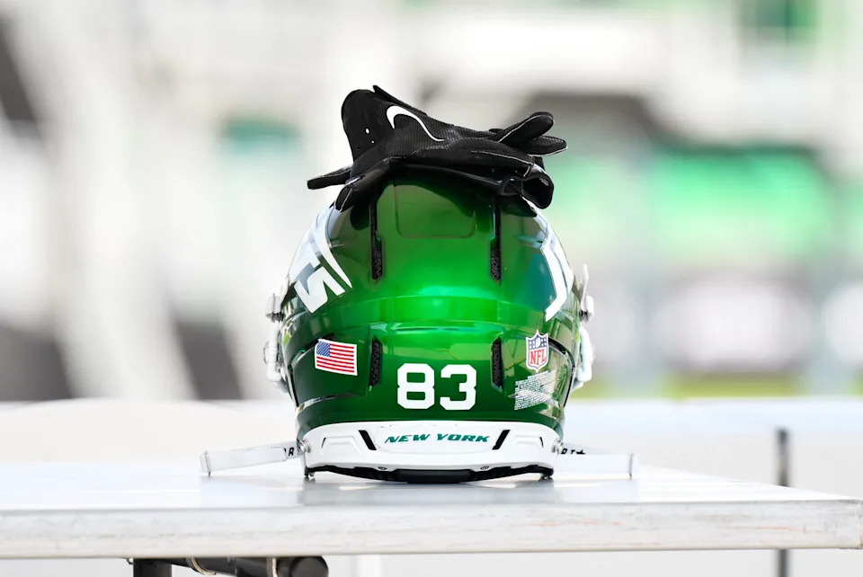 A general view of the helmet and gloves of New York Jets wide receiver Josh Reynolds.
