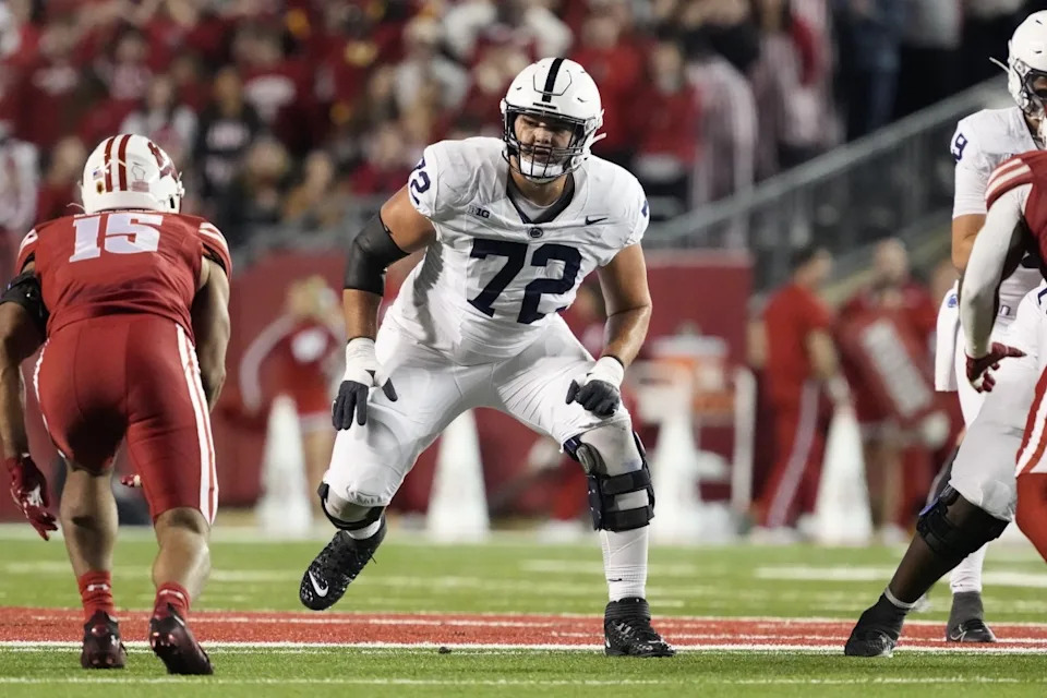 Oct 26, 2024; Madison, Wisconsin, USA; Penn State Nittany Lions offensive linenam Nolan Rucci (72) during the game against the Wisconsin Badgers at Camp Randall Stadium. Jeff Hanisch-Imagn Images