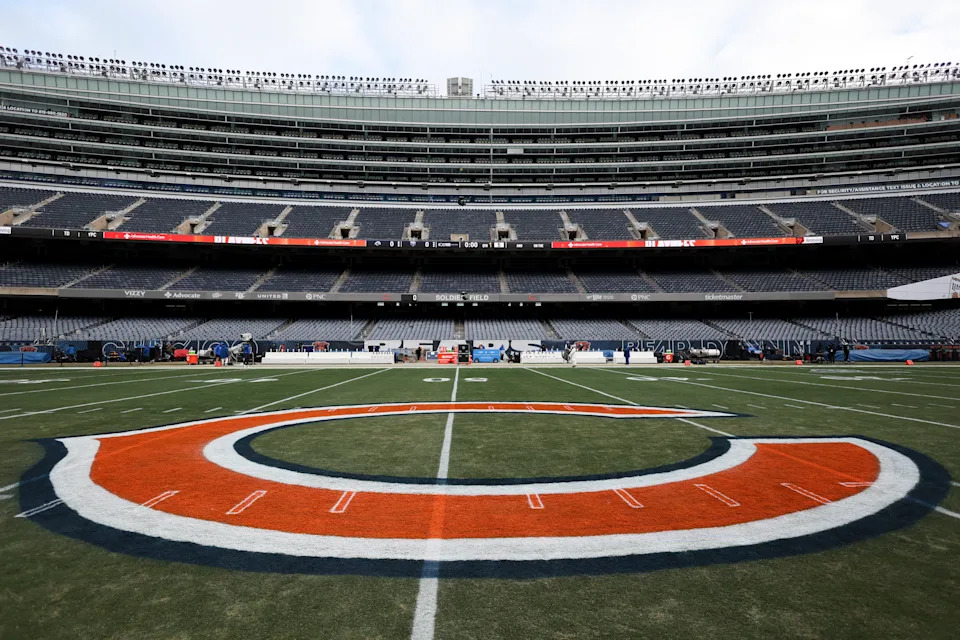 CHICAGO, ILLINOIS - JANUARY 18: A detail view of the Chicago Bears logo at Soldier Field prior to an NFL divisional playoff football game between the Chicago Bears and the Los Angeles Rams at Soldier Field on January 18, 2026 in Chicago, Illinois. (Photo by Kara Durrette/Getty Images)