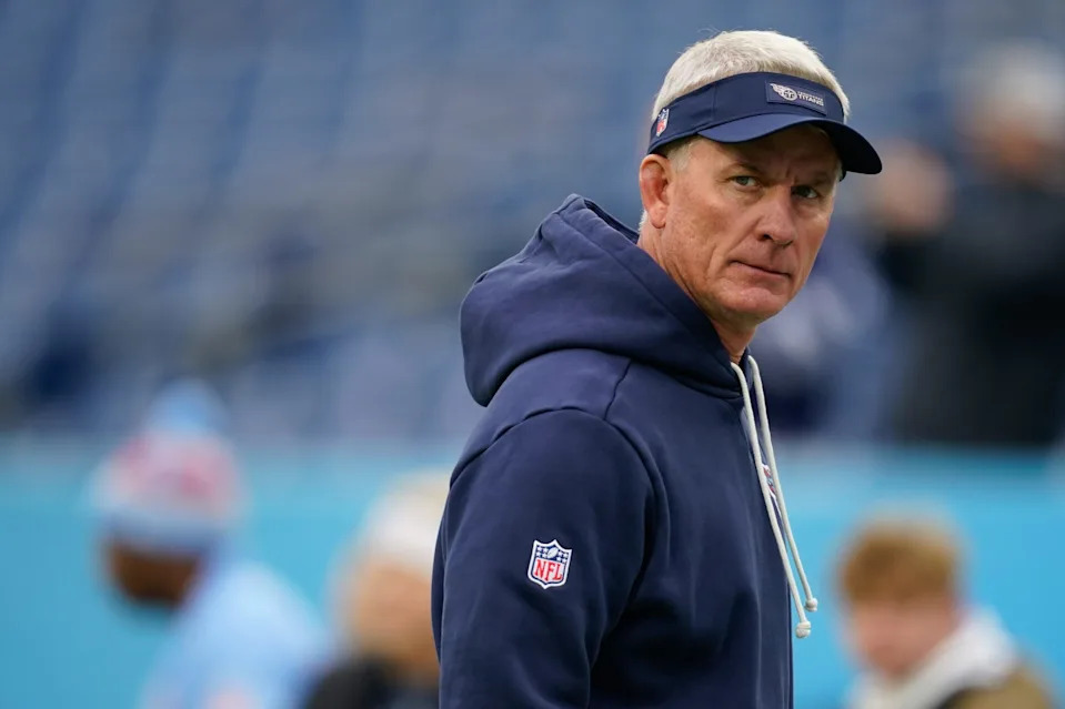 <p>Tennessee Titans interim coach Mike McCoy watches warm ups before the game against the Jacksonville Jaguars at Nissan Stadium in Nashville, Tenn., Sunday, Nov. 30, 2025.</p>