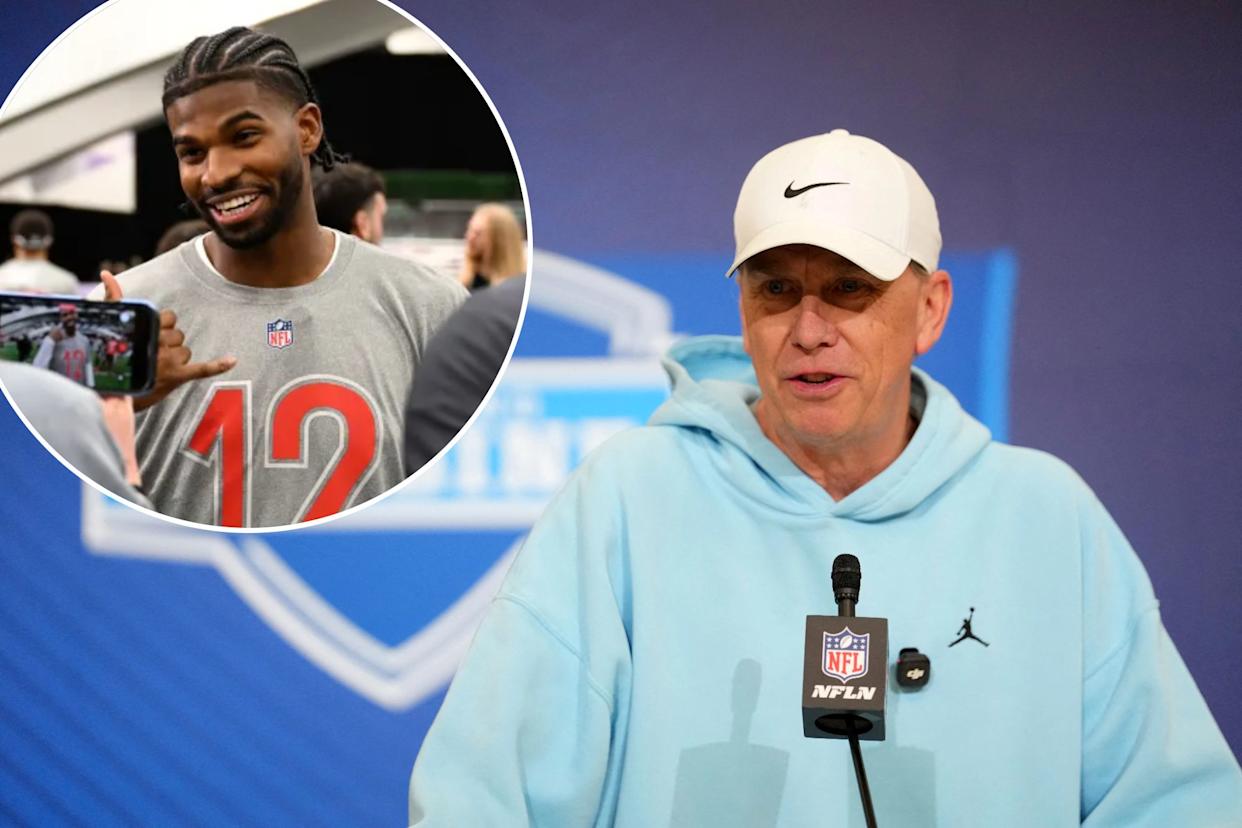 An image collage containing 2 images, Image 1 shows Cleveland Browns coach Todd Monken speaks at the NFL Scouting Combine, Image 2 shows Shedeur Sanders speaks to the media at the AFC Pro Bowl practice