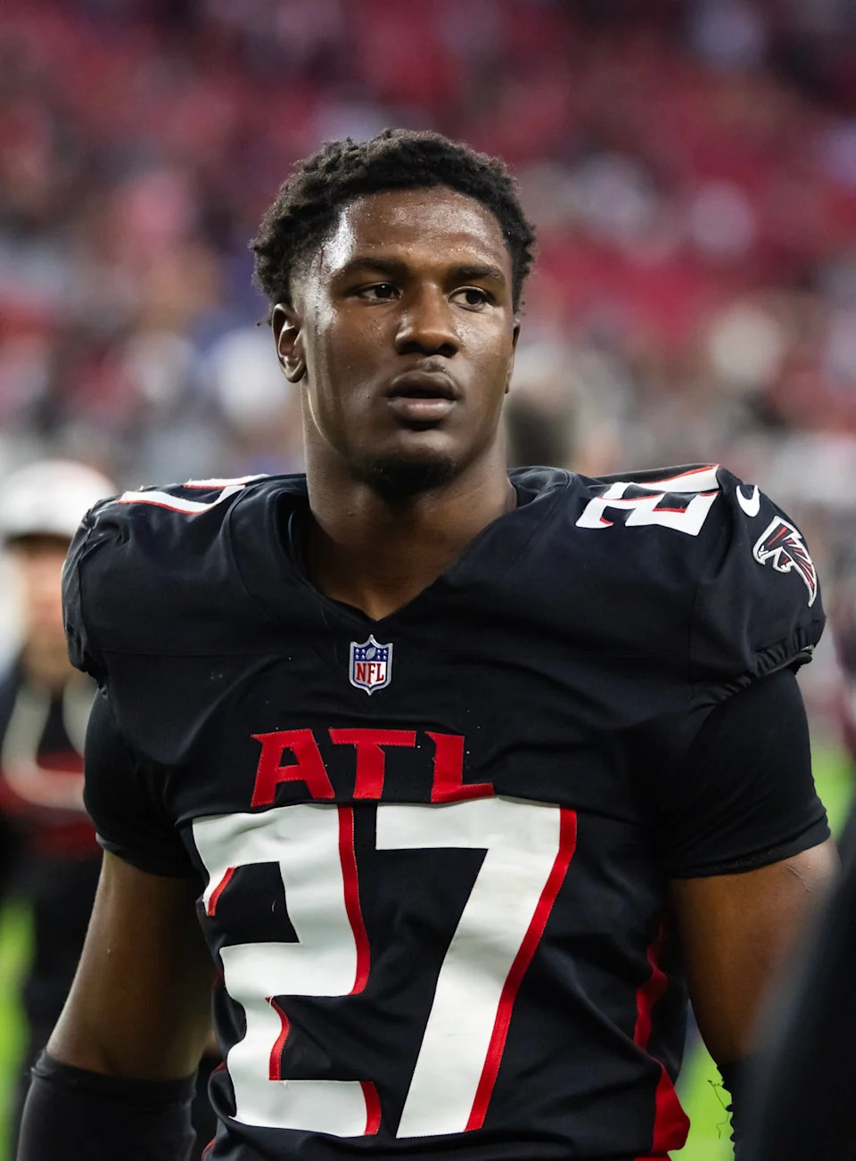 <p>Dec 21, 2025; Glendale, Arizona, USA; Atlanta Falcons linebacker James Pearce Jr. (27) against the Arizona Cardinals at State Farm Stadium. Mandatory Credit: Mark J. Rebilas-Imagn Images</p>