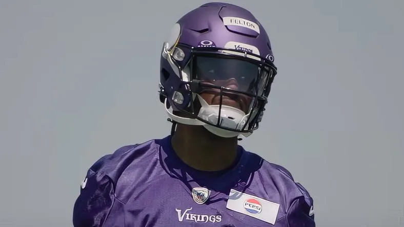 Minnesota Vikings new wide receiver Tai Felton during 2025 Rookie Minicamp in May 2025. Minnesota used a 3rd-Round pick on Felton from the University of Maryland, and he’ll be attached to the roster through the end of the 2028 season.