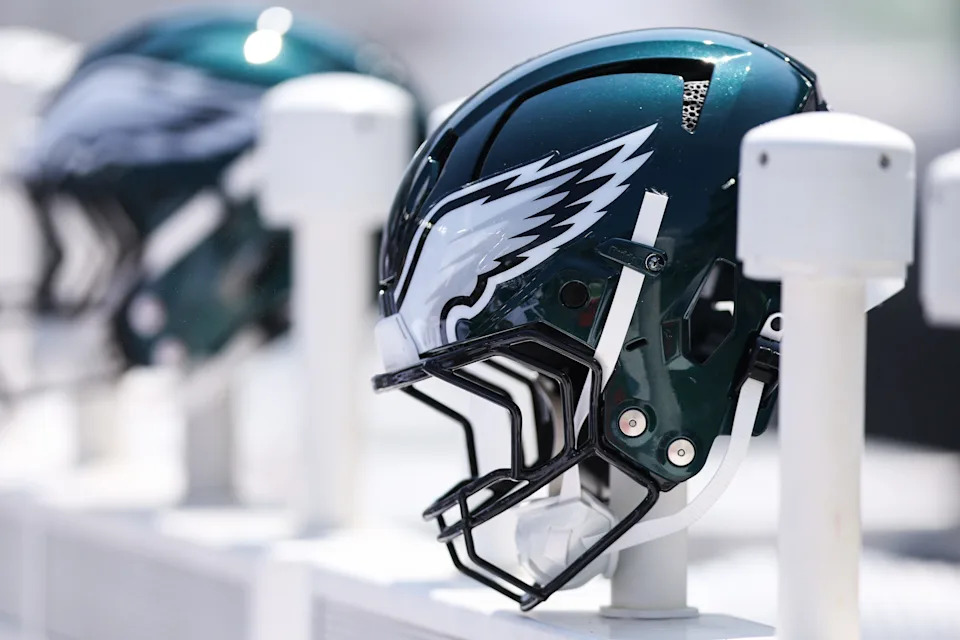 Aug 16, 2025; Philadelphia, Pennsylvania, USA; Philadelphia Eagles helmet on the bench during a game against the Cleveland Browns at Lincoln Financial Field.