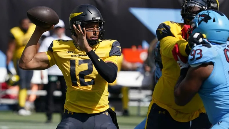 Kellen Mond throws a pass for the San Antonio Brahmas at Choctaw Stadium. Kellen Mond Vikings.