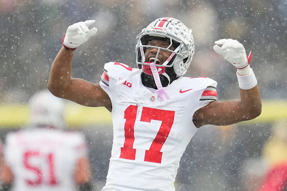 Ohio State Buckeyes wide receiver Carnell Tate (17) celebrates during the NCAA football game against the Michigan Wolverines at Michigan Stadium in Ann Arbor, Mich. on Nov. 29, 2025. Ohio State won 27-9.