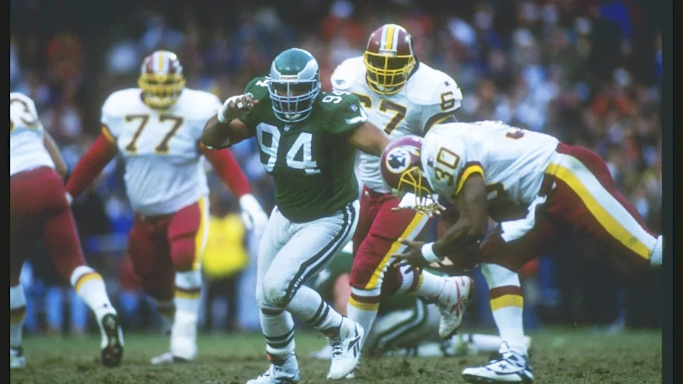 26 Nov 1995: Defensive lineman Kevin Johnson of the Philadelphia Eagles moves down the field during a game against the Washington Redskins at RFK Stadium in Washington, D. C. Otto Greule Jr. /Allsport