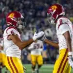Southern California Trojans wide receiver Ja'Kobi Lane (8) celebrates after scoring against the Notre Dame Fighting Irish with wide receiver Makai Lemon (6) during the second half at Notre Dame Stadium on Oct 18, 2025.