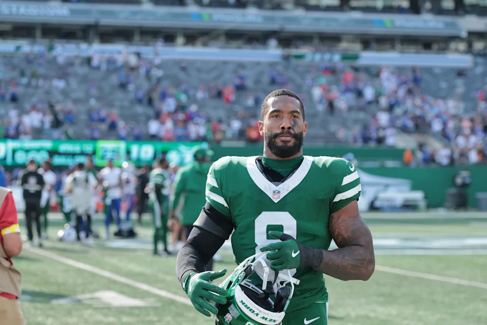 Sep 14, 2025; East Rutherford, New Jersey, USA; New York Jets safety Andre Cisco (8) after the game against the Buffalo Bills at MetLife Stadium. Mandatory Credit: Vincent Carchietta-Imagn Images