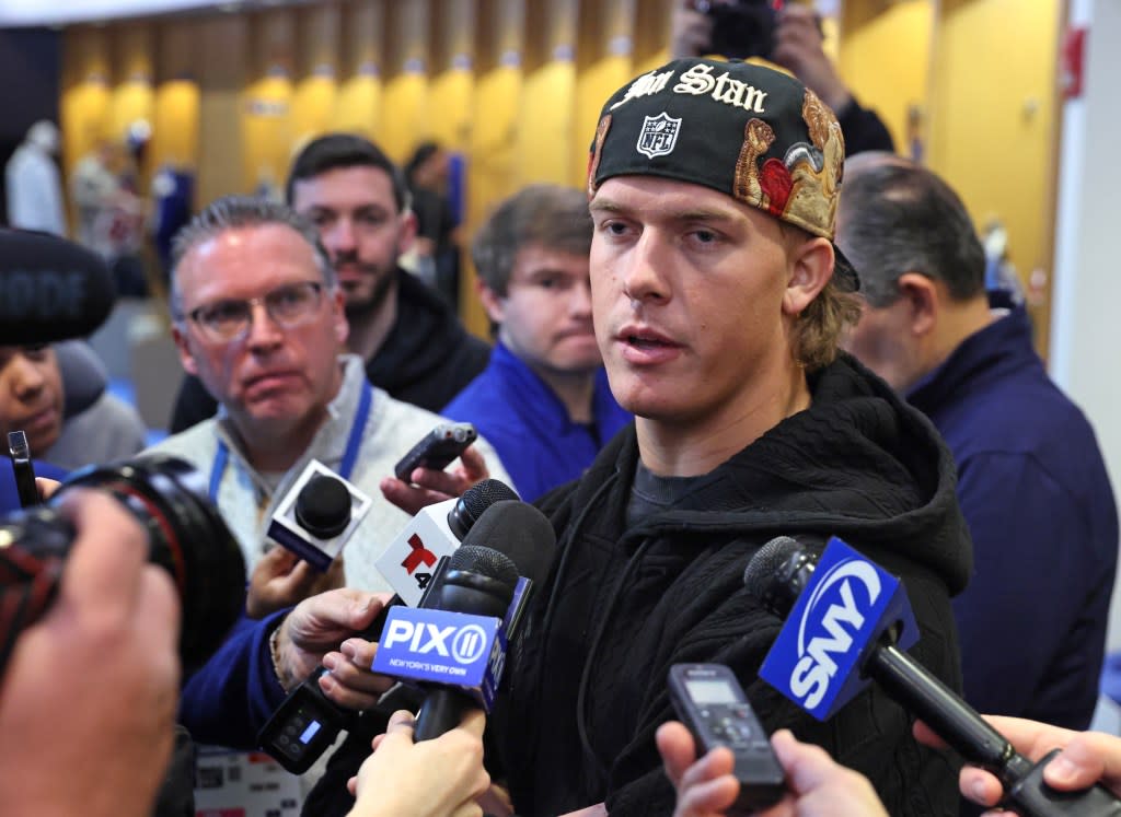 Giants quarterback Jaxson Dart speaking to the media as the Giants players were cleaning out their lockers at the New York Giants training facility in East Rutherford, New Jersey. Charles Wenzelberg / New York Post